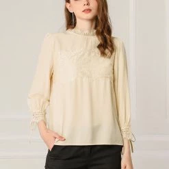 Allegra K Women's 3/4 Sleeves Mock Neck Lace Panel Blouse