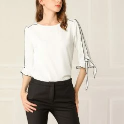 Allegra K Women's Office Blouse Ruffle Elbow Tie Sleeve Round Neck Elegant Top