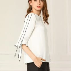 Allegra K Women's Office Blouse Ruffle Elbow Tie Sleeve Round Neck Elegant Top