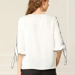 Allegra K Women's Office Blouse Ruffle Elbow Tie Sleeve Round Neck Elegant Top