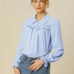 Women Allegra K Button Down Long Sleeve Elastic Cuff Ruffle Detail Blouse