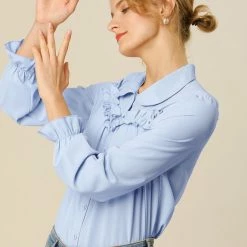 Women Allegra K Button Down Long Sleeve Elastic Cuff Ruffle Detail Blouse