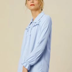 Women Allegra K Button Down Long Sleeve Elastic Cuff Ruffle Detail Blouse