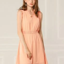 Allegra K Women's Sleeveless Ruffle V Neck Chiffon Smocked Waist A-Line Dress