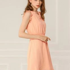 Allegra K Women's Sleeveless Ruffle V Neck Chiffon Smocked Waist A-Line Dress