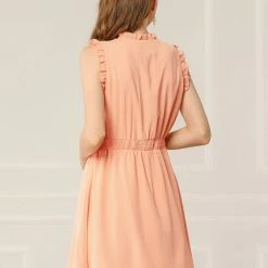 Allegra K Women's Sleeveless Ruffle V Neck Chiffon Smocked Waist A-Line Dress