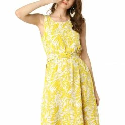 Allegra K Women's Floral Round Neck Sleeveless Belt Summer Dress