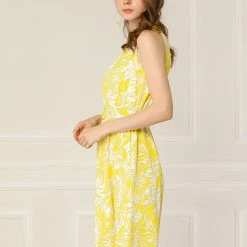 Allegra K Women's Floral Round Neck Sleeveless Belt Summer Dress