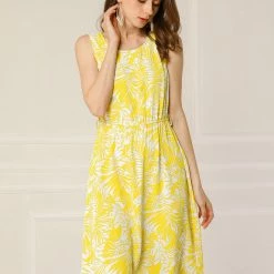 Allegra K Women's Floral Round Neck Sleeveless Belt Summer Dress