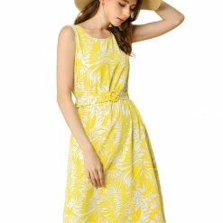 Allegra K Women's Floral Round Neck Sleeveless Belt Summer Dress