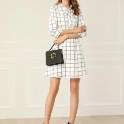 Allegra K Women's Plaids Print Tie-bow Neck Dress 3/4 Sleeves Above Knee Work Office Dresses