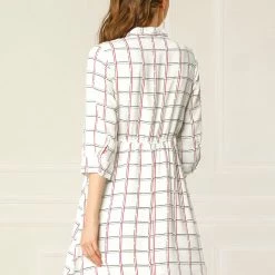 Allegra K Women's Plaids Print Tie-bow Neck Dress 3/4 Sleeves Above Knee Work Office Dresses