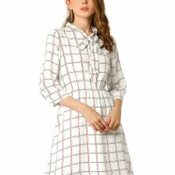 Allegra K Women's Plaids Print Tie-bow Neck Dress 3/4 Sleeves Above Knee Work Office Dresses