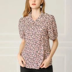 Allegra K Women's Sweet Ruffle Peter Pan Collar Puff Sleeves Floral Print Button Down Shirt
