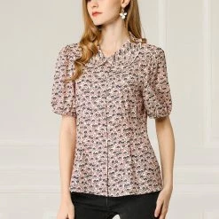 Allegra K Women's Sweet Ruffle Peter Pan Collar Puff Sleeves Floral Print Button Down Shirt