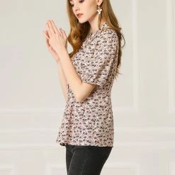 Allegra K Women's Sweet Ruffle Peter Pan Collar Puff Sleeves Floral Print Button Down Shirt