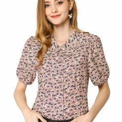Allegra K Women's Sweet Ruffle Peter Pan Collar Puff Sleeves Floral Print Button Down Shirt