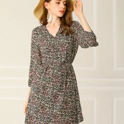 Allegra K Women's Summer Casual Dresses V Neck 3/4 Lantern Sleeves Floral Dress 11 Allegra K Women's Summer Casual Dresses V Neck 3/4 Lantern Sleeves Floral Dress