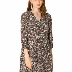 Allegra K Women's Summer Casual Dresses V Neck 3/4 Lantern Sleeves Floral Dress
