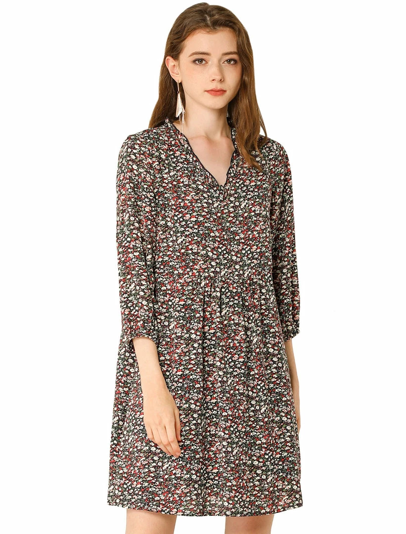 Allegra K Women's Summer Casual Dresses V Neck 3/4 Lantern Sleeves Floral Dress 4 Allegra K Women's Summer Casual Dresses V Neck 3/4 Lantern Sleeves Floral Dress