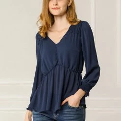 Allegra K Women's Ruffled Long Puff Sleeves Blouses V Neck Solid Color Top