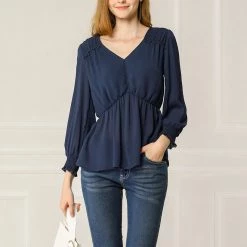 Allegra K Women's Ruffled Long Puff Sleeves Blouses V Neck Solid Color Top