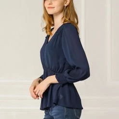 Allegra K Women's Ruffled Long Puff Sleeves Blouses V Neck Solid Color Top