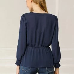 Allegra K Women's Ruffled Long Puff Sleeves Blouses V Neck Solid Color Top