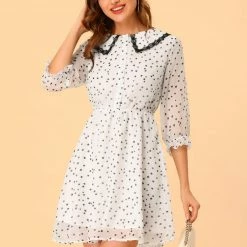 Allegra K Women's Peter Pan Collar Dresses Star Puff Sleeve Chiffon Shirt Dress