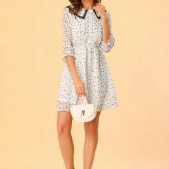 Allegra K Women's Peter Pan Collar Dresses Star Puff Sleeve Chiffon Shirt Dress