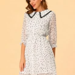 Allegra K Women's Peter Pan Collar Dresses Star Puff Sleeve Chiffon Shirt Dress