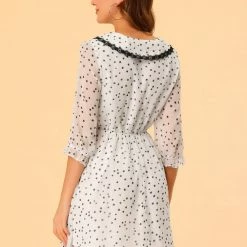 Allegra K Women's Peter Pan Collar Dresses Star Puff Sleeve Chiffon Shirt Dress