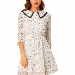 Allegra K Women's Peter Pan Collar Dresses Star Puff Sleeve Chiffon Shirt Dress
