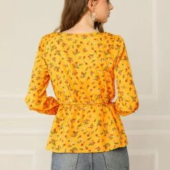 Allegra K Floral Print Square Neck Long Sleeves Tie Waist Blouse Women