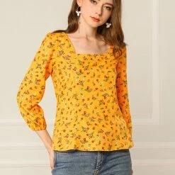 Allegra K Floral Print Square Neck Long Sleeves Tie Waist Blouse Women