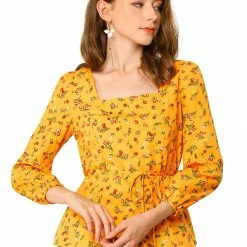 Allegra K Floral Print Square Neck Long Sleeves Tie Waist Blouse Women