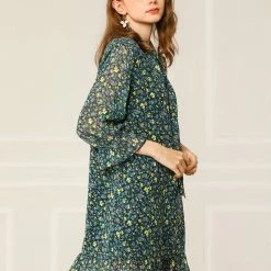 Allegra K Women's Floral Print Ruffle Hem Bell Sleeve Chiffon Loose Shift Dress