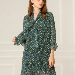 Allegra K Women's Floral Print Ruffle Hem Bell Sleeve Chiffon Loose Shift Dress