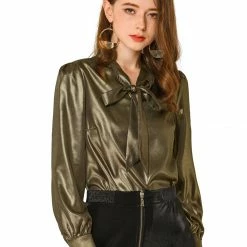 Allegra K Women's Sparkly Metallic Work Office Shirt Long Sleeve Tie Neck Glitter Shiny Blouse Top 21 Allegra K Women's Sparkly Metallic Work Office Shirt Long Sleeve Tie Neck Glitter Shiny Blouse Top