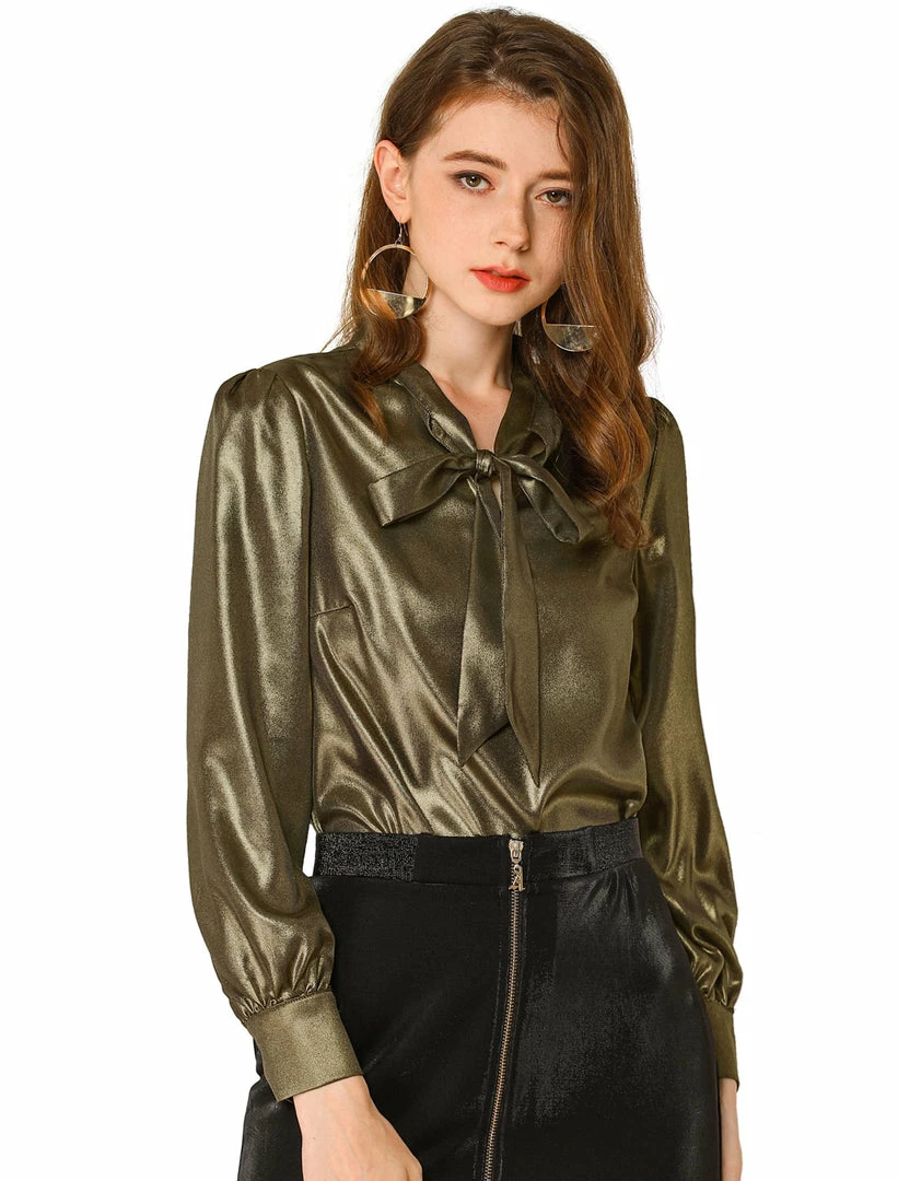 Allegra K Women's Sparkly Metallic Work Office Shirt Long Sleeve Tie Neck Glitter Shiny Blouse Top 10 Allegra K Women's Sparkly Metallic Work Office Shirt Long Sleeve Tie Neck Glitter Shiny Blouse Top