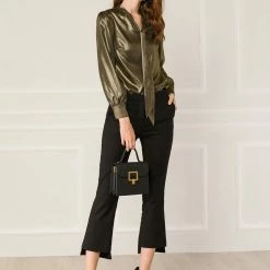 Allegra K Women's Sparkly Metallic Work Office Shirt Long Sleeve Tie Neck Glitter Shiny Blouse Top 22 Allegra K Women's Sparkly Metallic Work Office Shirt Long Sleeve Tie Neck Glitter Shiny Blouse Top