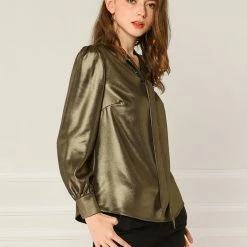 Allegra K Women's Sparkly Metallic Work Office Shirt Long Sleeve Tie Neck Glitter Shiny Blouse Top 23 Allegra K Women's Sparkly Metallic Work Office Shirt Long Sleeve Tie Neck Glitter Shiny Blouse Top