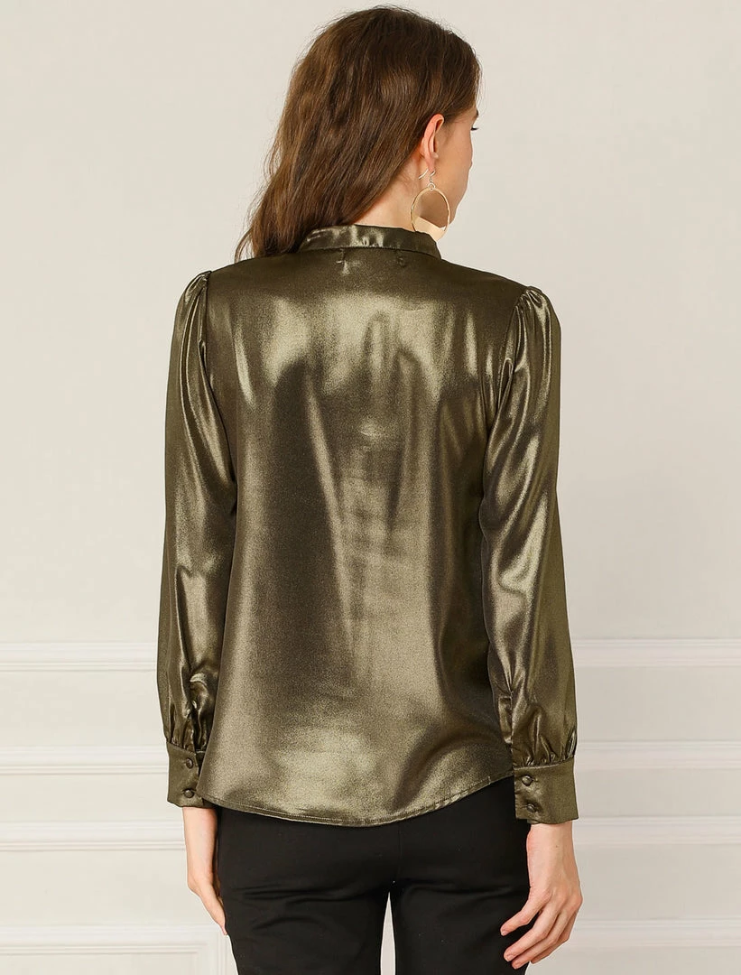 Allegra K Women's Sparkly Metallic Work Office Shirt Long Sleeve Tie Neck Glitter Shiny Blouse Top 13 Allegra K Women's Sparkly Metallic Work Office Shirt Long Sleeve Tie Neck Glitter Shiny Blouse Top
