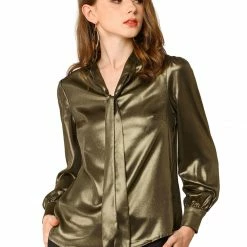 Allegra K Women's Sparkly Metallic Work Office Shirt Long Sleeve Tie Neck Glitter Shiny Blouse Top 20 Allegra K Women's Sparkly Metallic Work Office Shirt Long Sleeve Tie Neck Glitter Shiny Blouse Top
