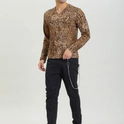 Allegra K Men's Vintage Leopard Printed Top Lightweight Slim Fit Long Sleeves Pullover T Shirt