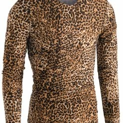 Allegra K Men's Vintage Leopard Printed Top Lightweight Slim Fit Long Sleeves Pullover T Shirt