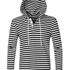 Allegra K Men's Casual Knitted Long Sleeves Striped Lightweight Shirt Sweatshirt Hoodies