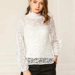 Allegra K Women's Lace Tops Vintage Semi Sheer Long Sleeve Turtleneck Blouses Shirts 66 Allegra K Women's Lace Tops Vintage Semi Sheer Long Sleeve Turtleneck Blouses Shirts