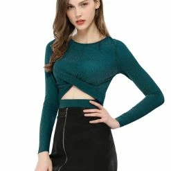 Women Allegra K Long Sleeve Crew Neck Cut Out Glitter Cross Crop Tops