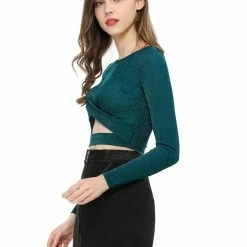 Women Allegra K Long Sleeve Crew Neck Cut Out Glitter Cross Crop Tops